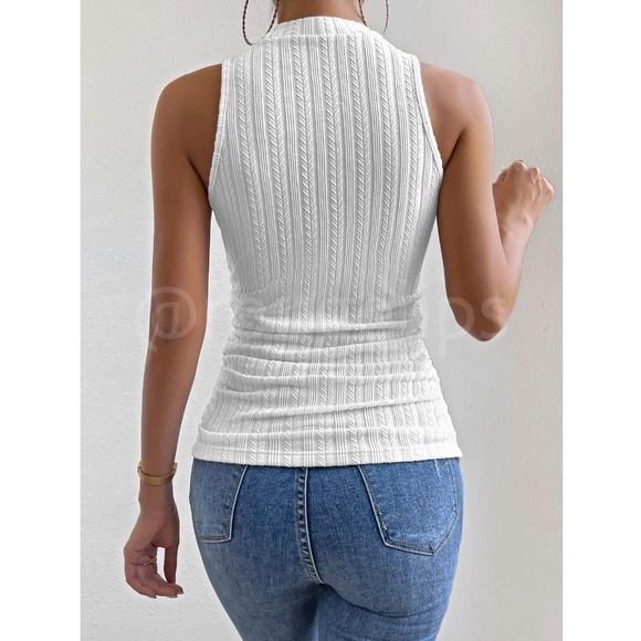 White Textured High Neck Sleeveless Tank Top Slim Fit Stretchy - Picture 3 of 9